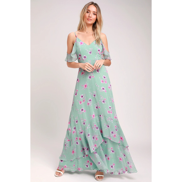 Lulus Maxi Dress XS Mint Green Floral Print Off Shoulder Take You There - Picture 1 of 14